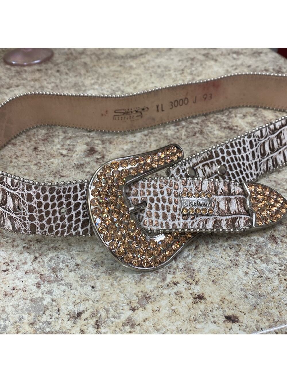 bb Simon vintage XL brown white coiled hand painted amber Swarovski crystal belt